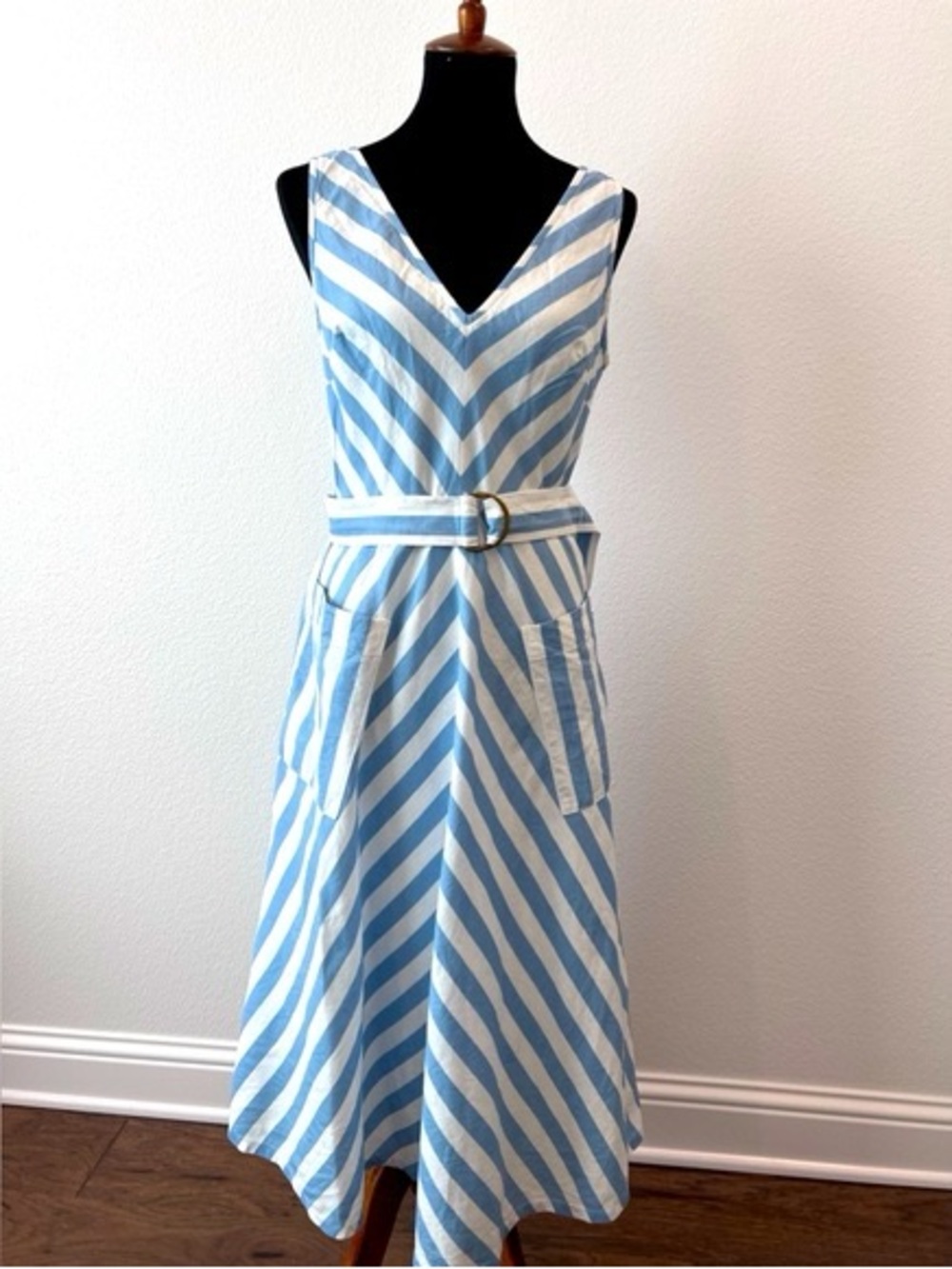 Kate Spade Blue and White Striped V-Neck Midi Dress - Picture 2 of 5